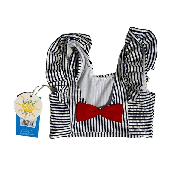 NWT Ruffle Butts Navy Seersucker Waterfall Tankini Top Baby Blue White Red - Picture 3 of 6